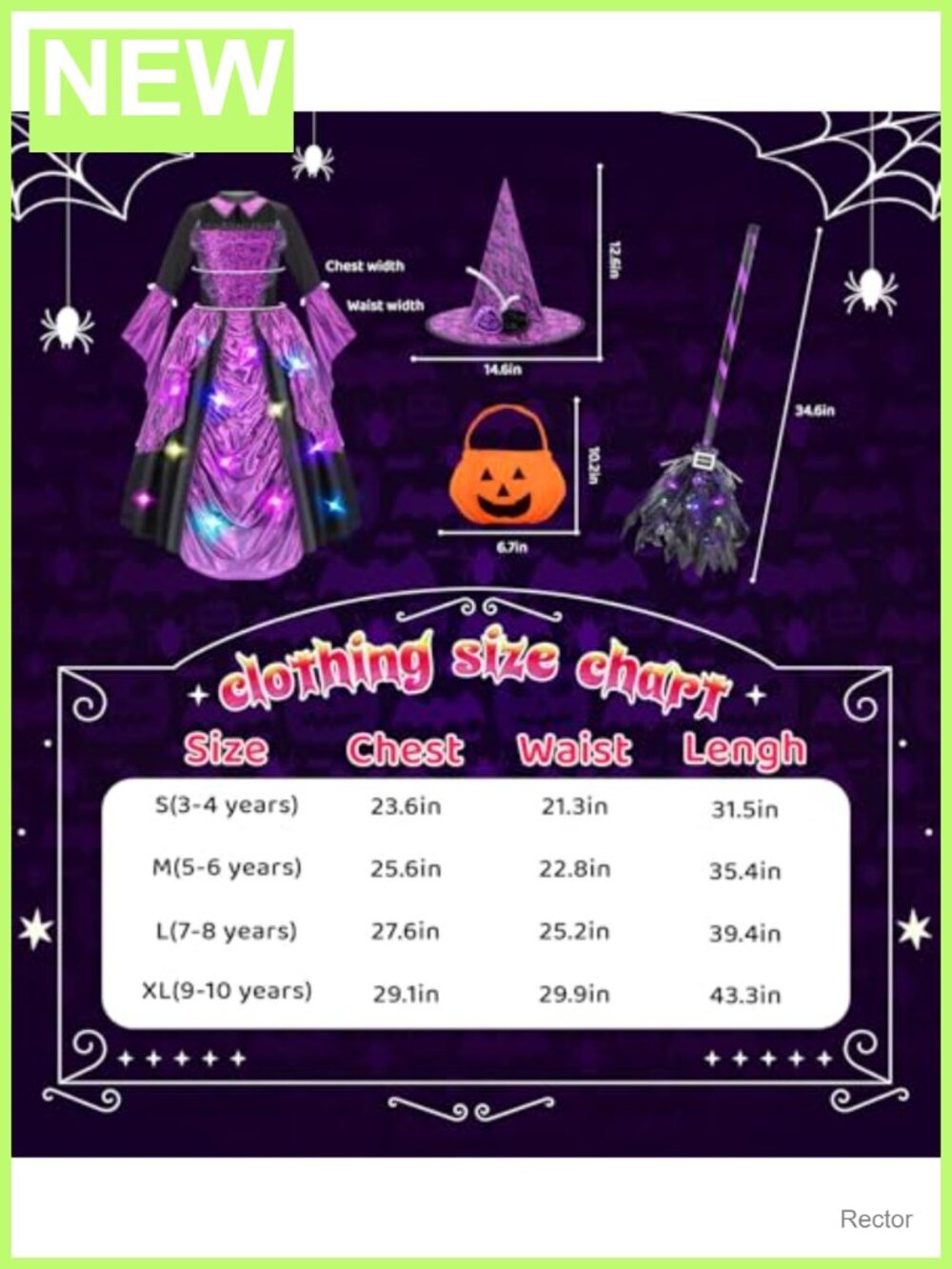 Girls Witch Costume Light Up Dress Hat Broomstick Halloween - Picture 5 of 6